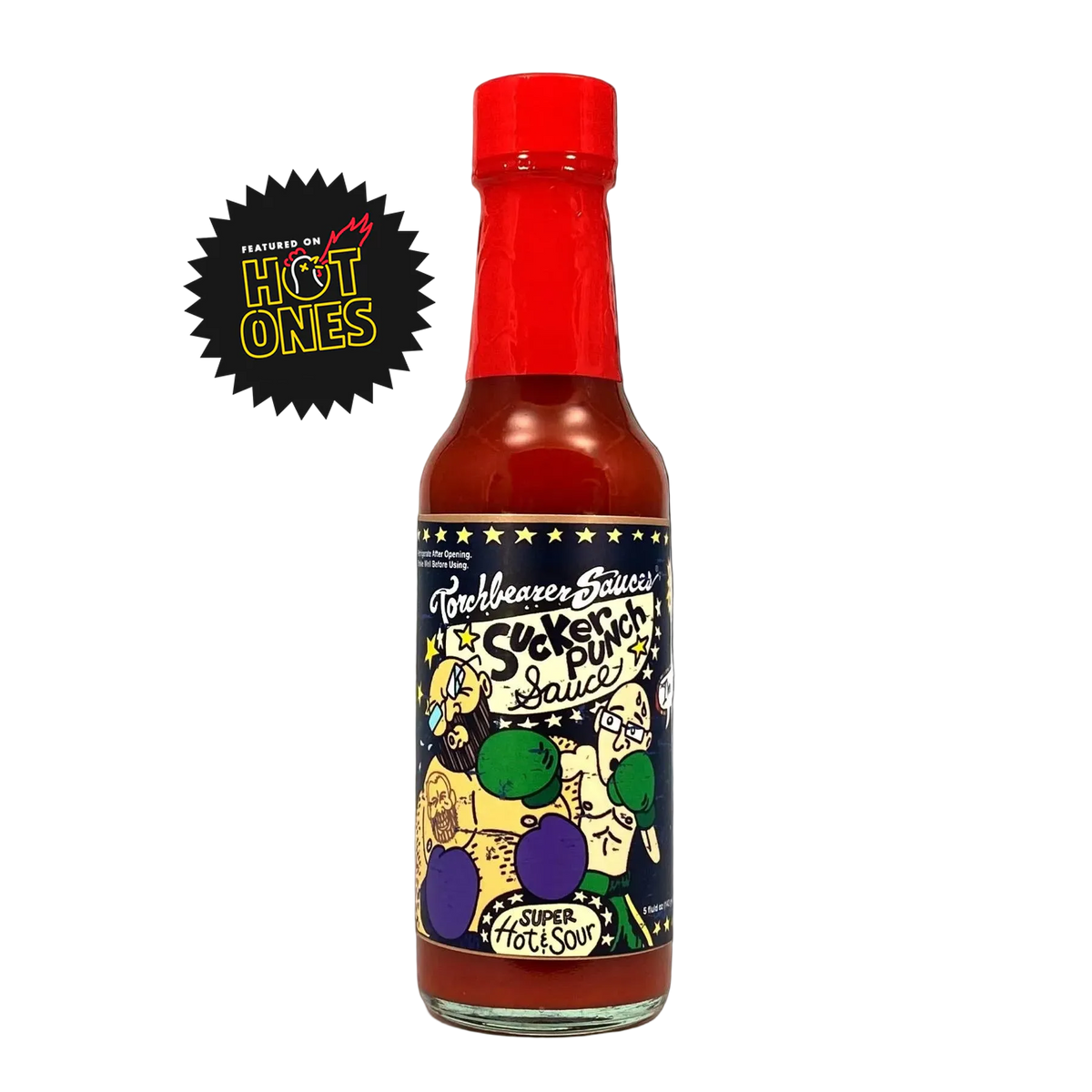 Bottle of Torchbearer Sucker Punch Sauce with a colorful label on a white background.