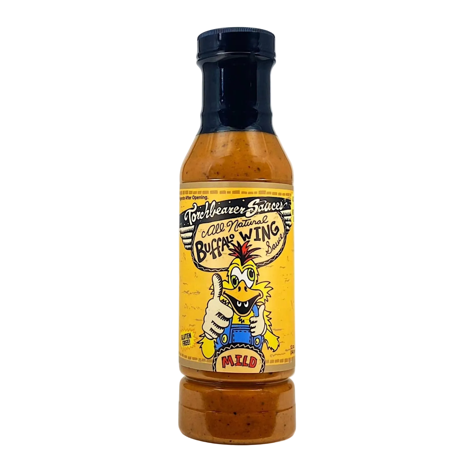 Bottle of Torchbearer's Buffalo Wing Sauce with a cartoon chicken label on a white background