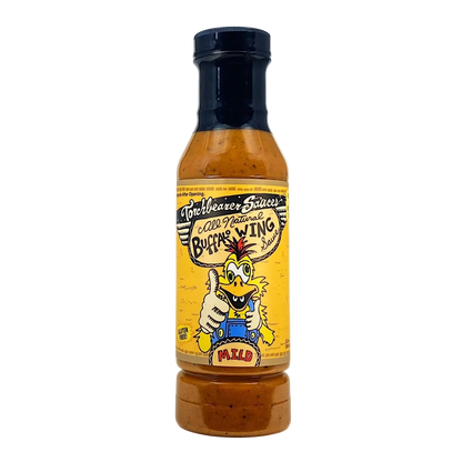 Bottle of Torchbearer's Buffalo Wing Sauce with a cartoon chicken label on a white background