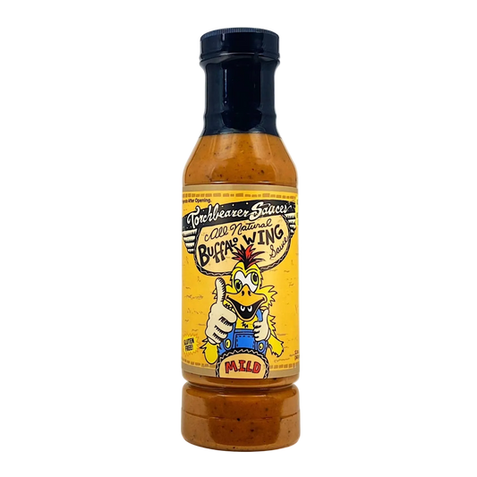 Bottle of Torchbearer's Buffalo Wing Sauce with a cartoon chicken label on a white background