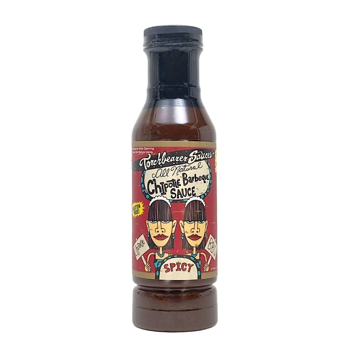 Bottle of spicy chipotle barbecue sauce with a colorful label on a white background