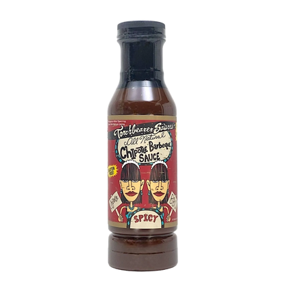 Bottle of spicy chipotle barbecue sauce with a colorful label on a white background