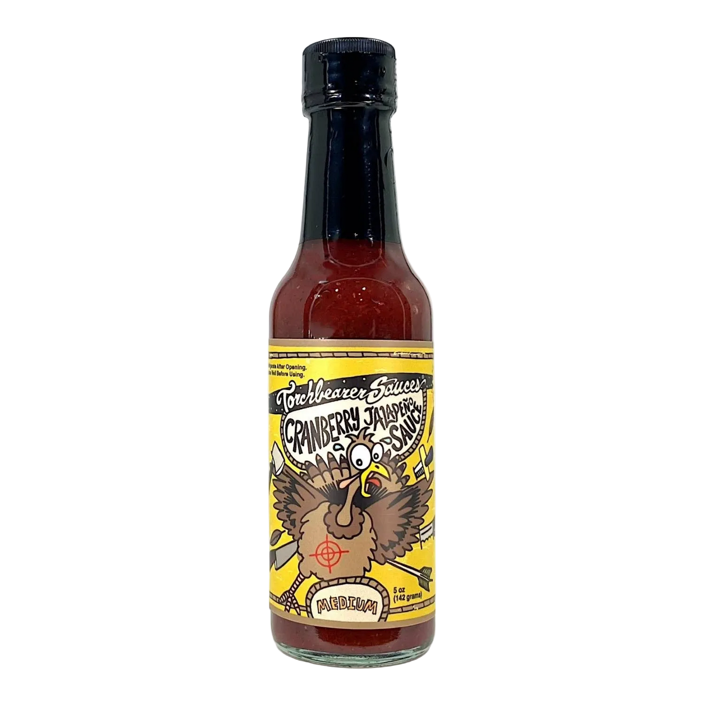 Bottle of cranberry jalapeno hot sauce with a colourful label 