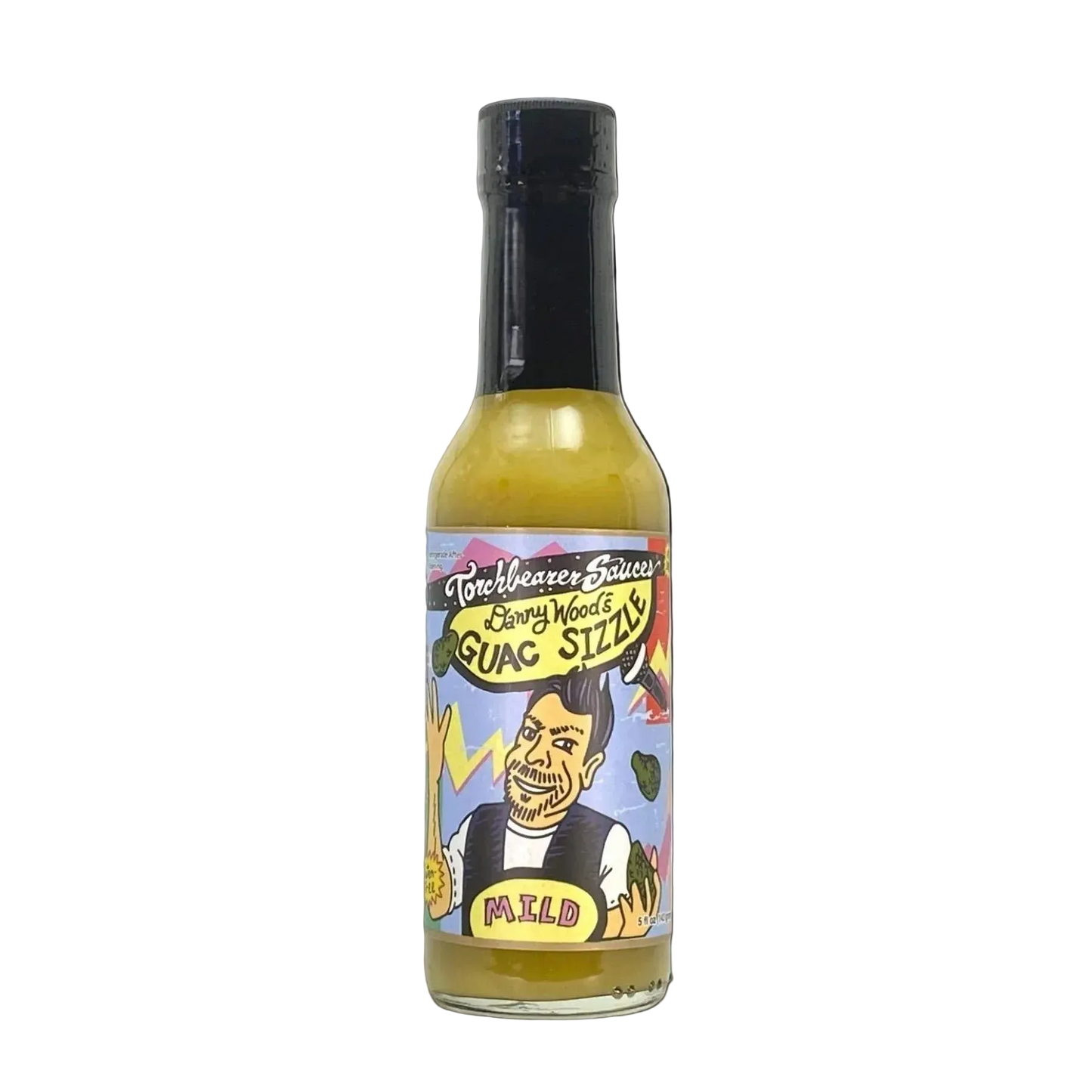 Hot sauce bottle with colorful label on a white background