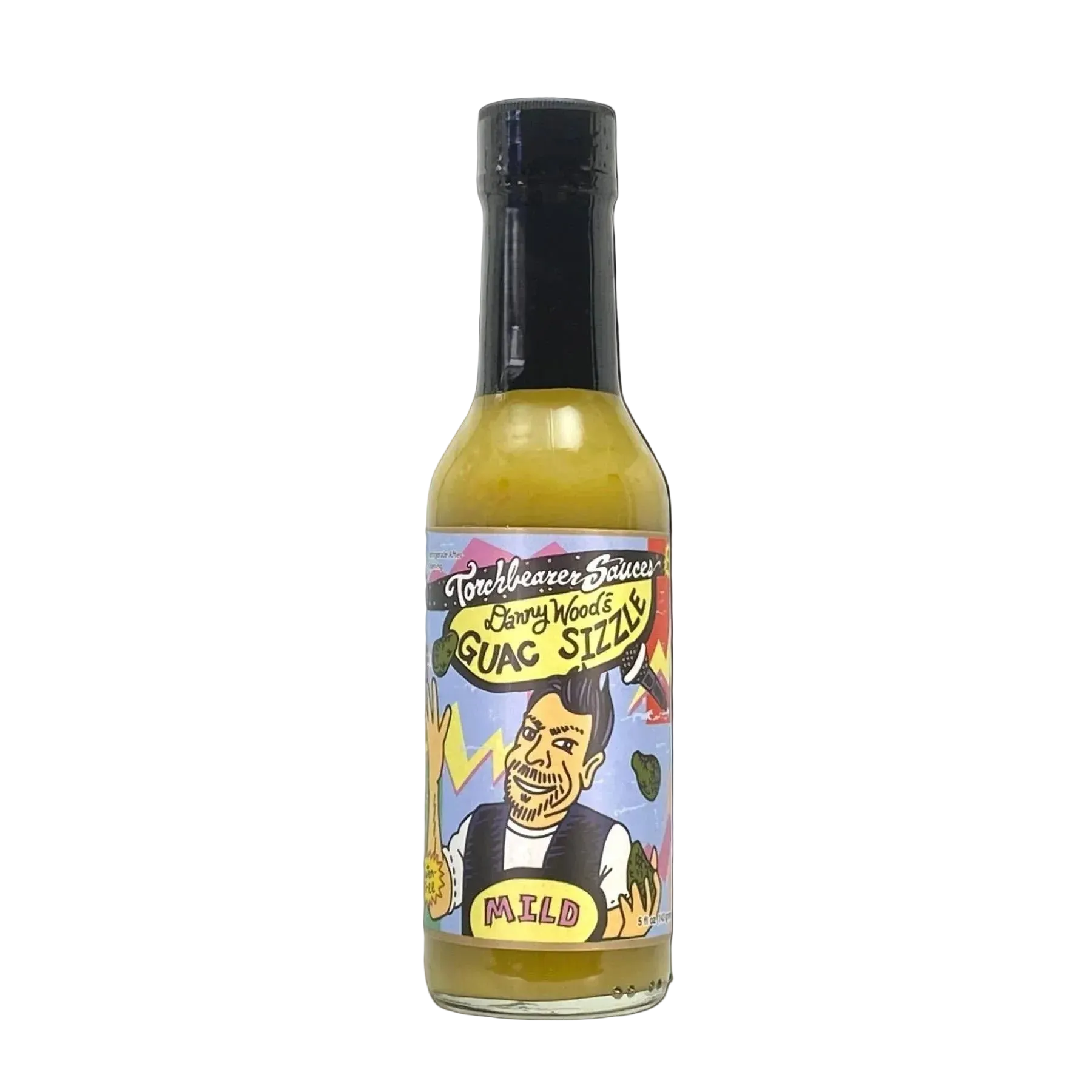 Hot sauce bottle with colorful label on a white background