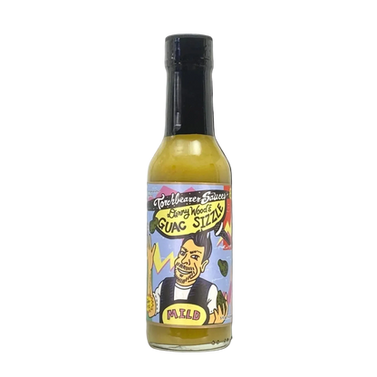Hot sauce bottle with colorful label on a white background