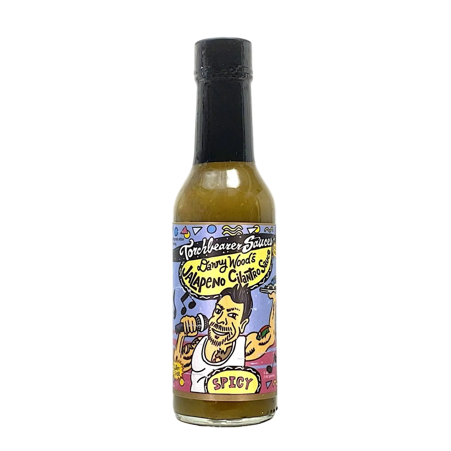 Hot sauce bottle with colorful label on a white background
