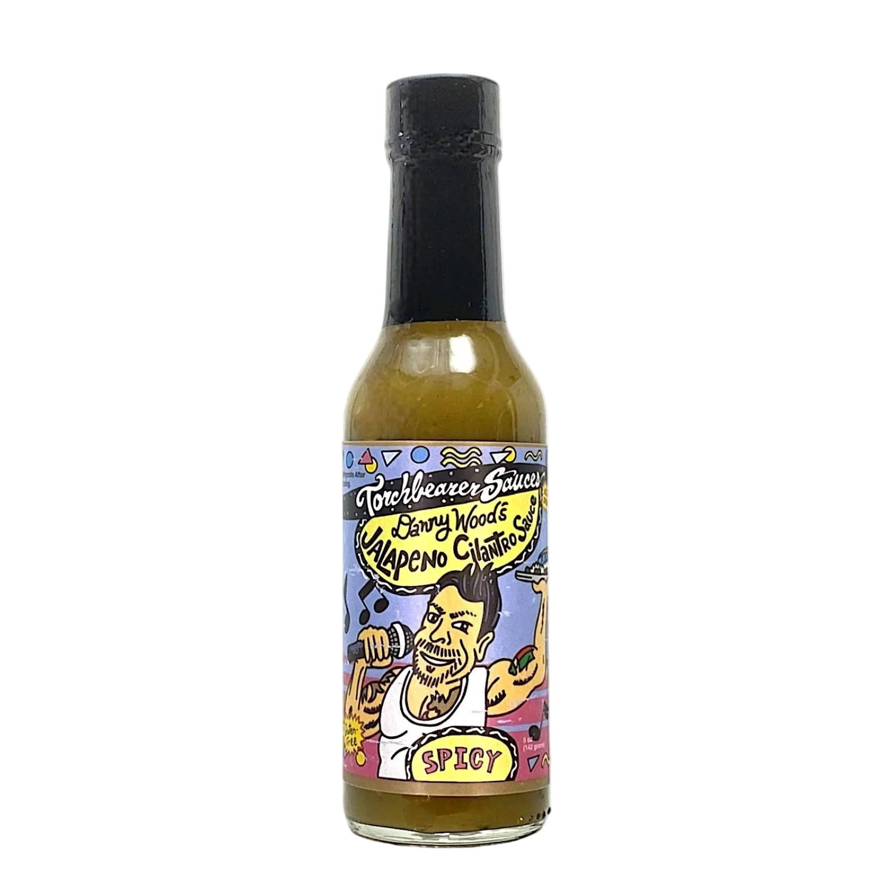 Hot sauce bottle with colorful label on a white background