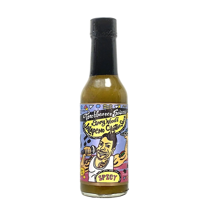Hot sauce bottle with colorful label on a white background