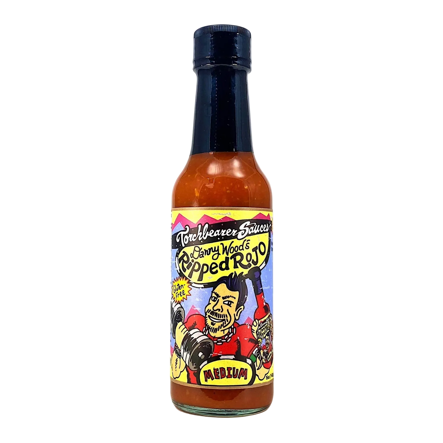 Hot sauce bottle with colorful label on a white background
