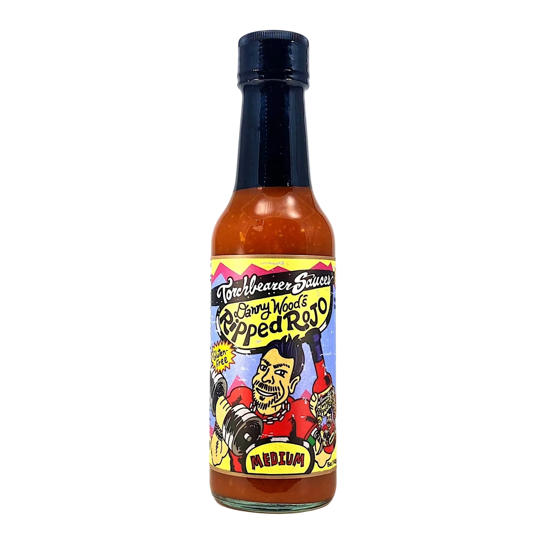 Hot sauce bottle with colorful label on a white background