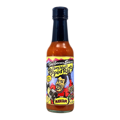 Hot sauce bottle with colorful label on a white background