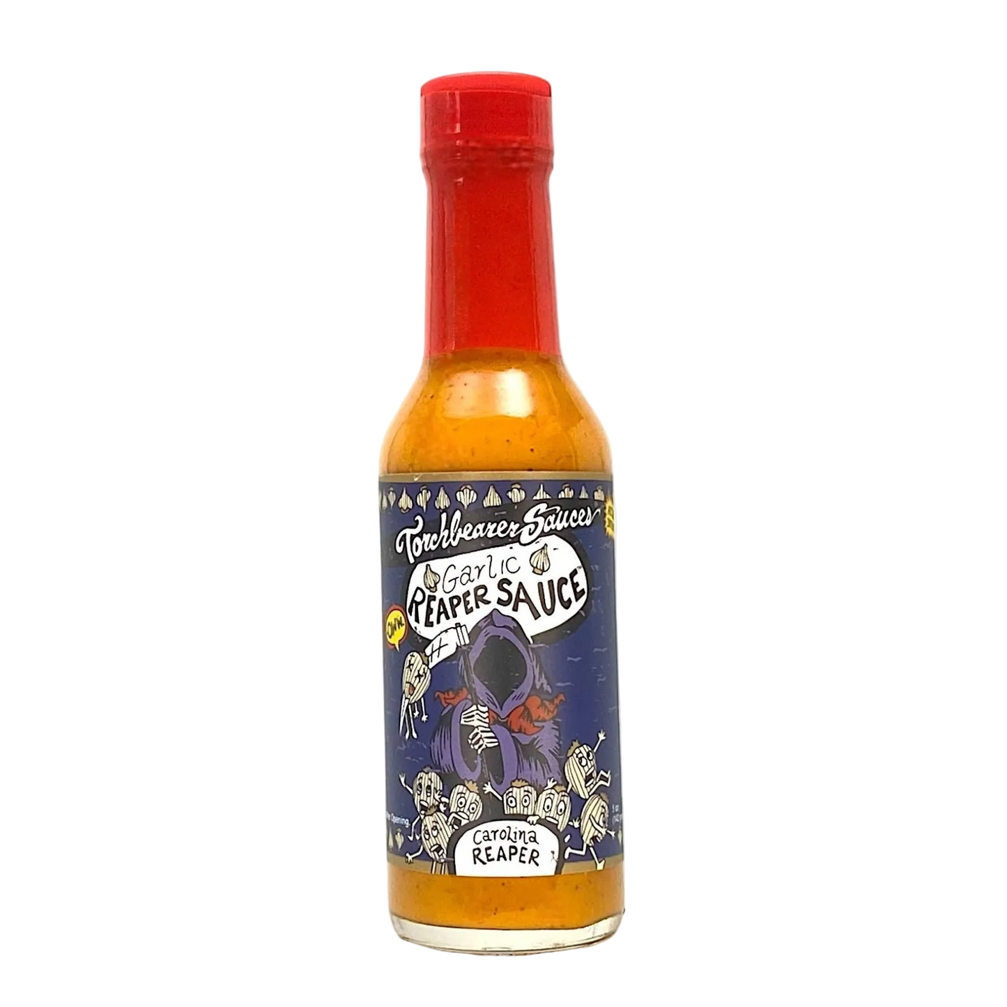 Hot sauce bottle with a colorful label on a white background