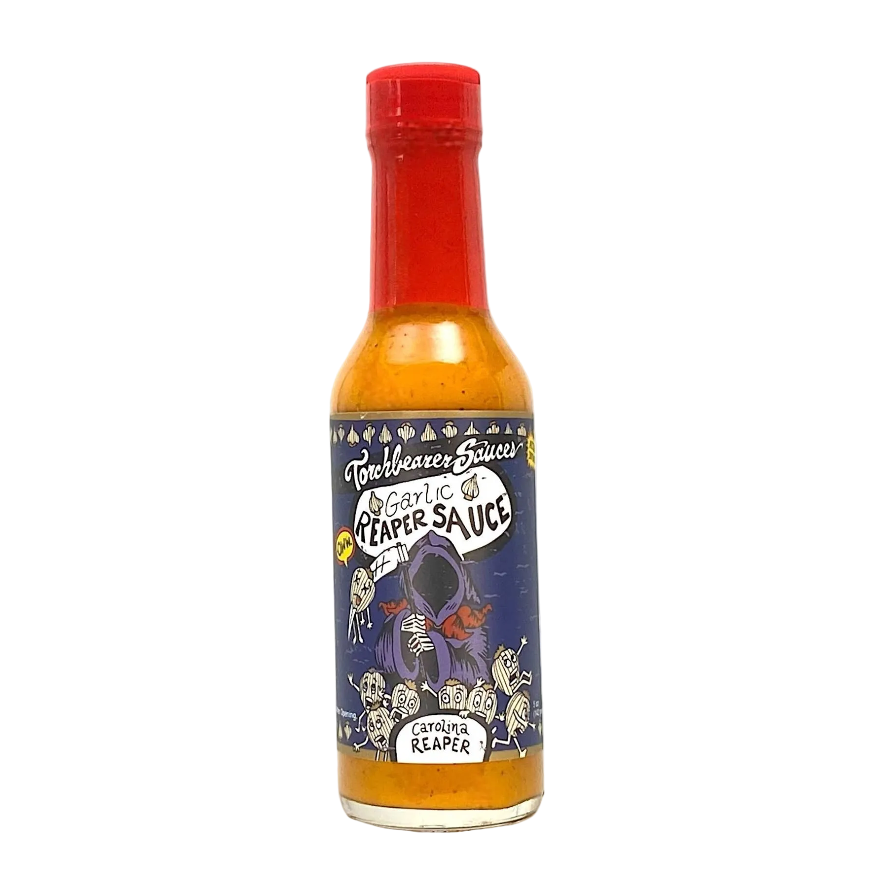 Hot sauce bottle with a colorful label on a white background