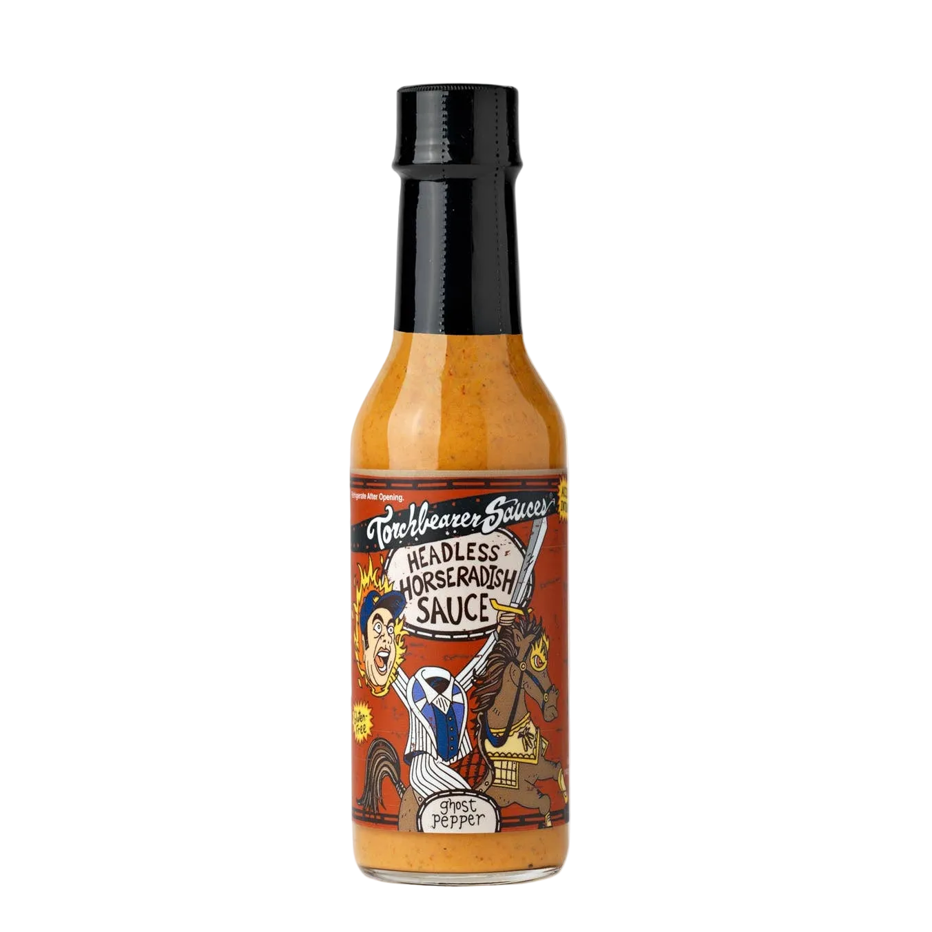 Bottle of Headless Horseradish Hot Sauce on a white background
