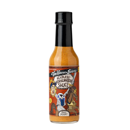 Bottle of Headless Horseradish Hot Sauce on a white background