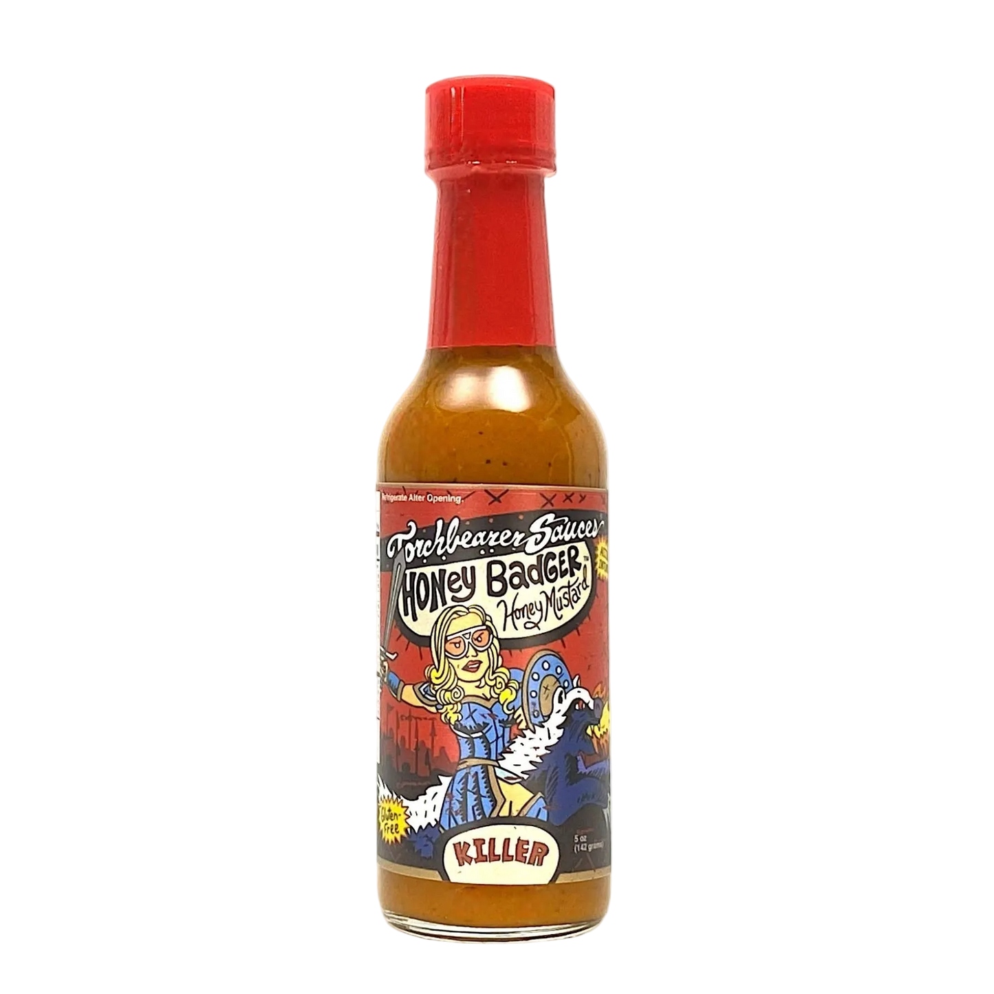Hot sauce bottle with colorful label on a white background