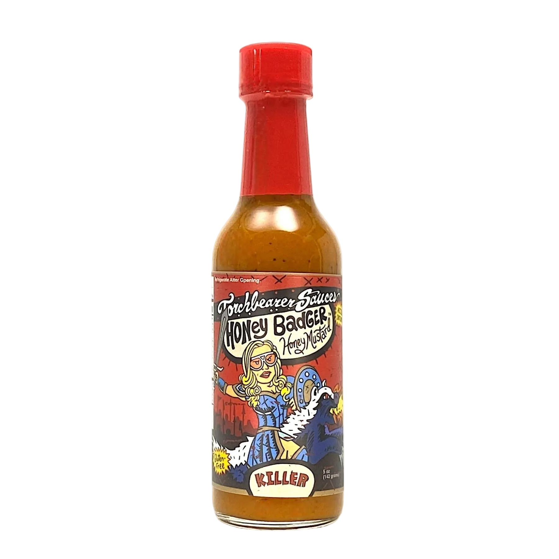 Hot sauce bottle with colorful label on a white background