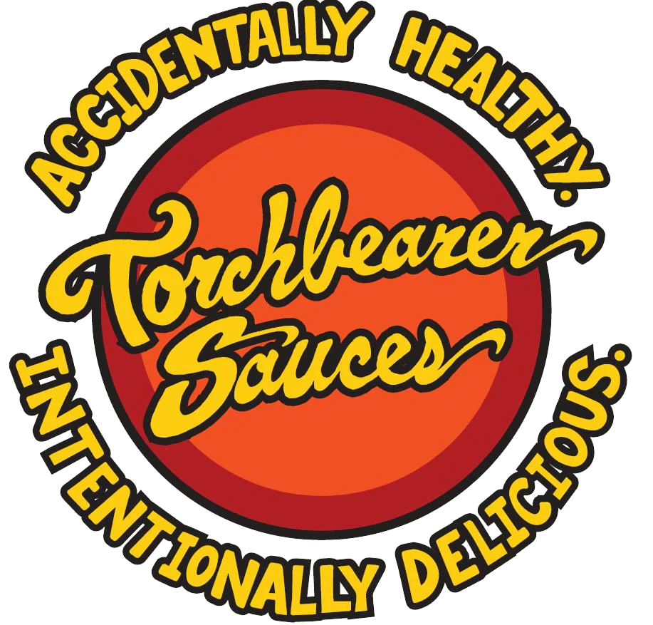 Logo of Torchbearer Sauces with yellow text on a red circle background