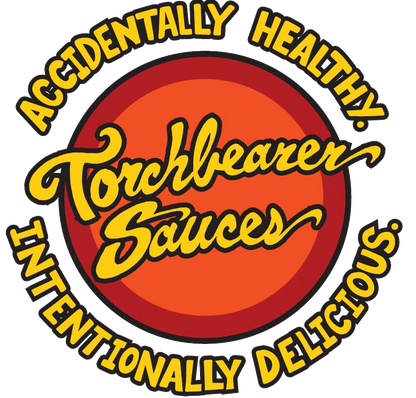 Logo of Torchbearer Sauces with yellow text on a red circle background