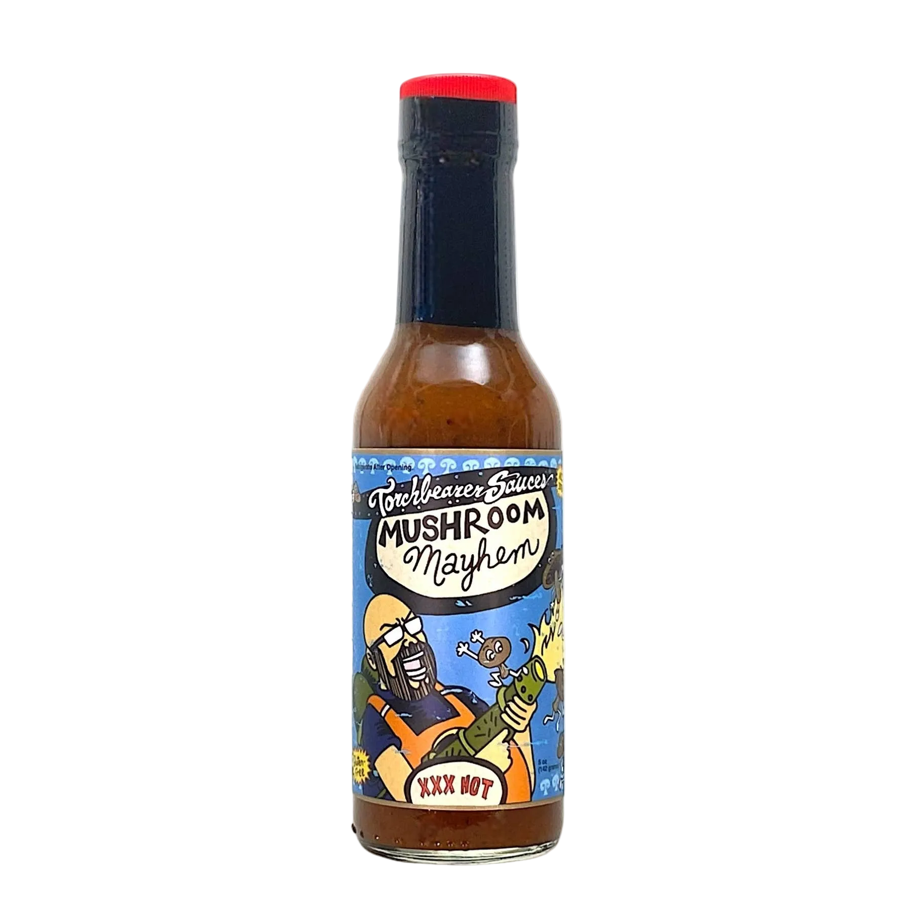 Hot sauce bottle with colorful label featuring a cartoon character on a white background