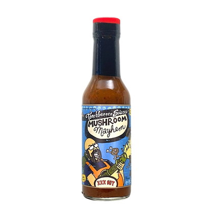Hot sauce bottle with colorful label featuring a cartoon character on a white background