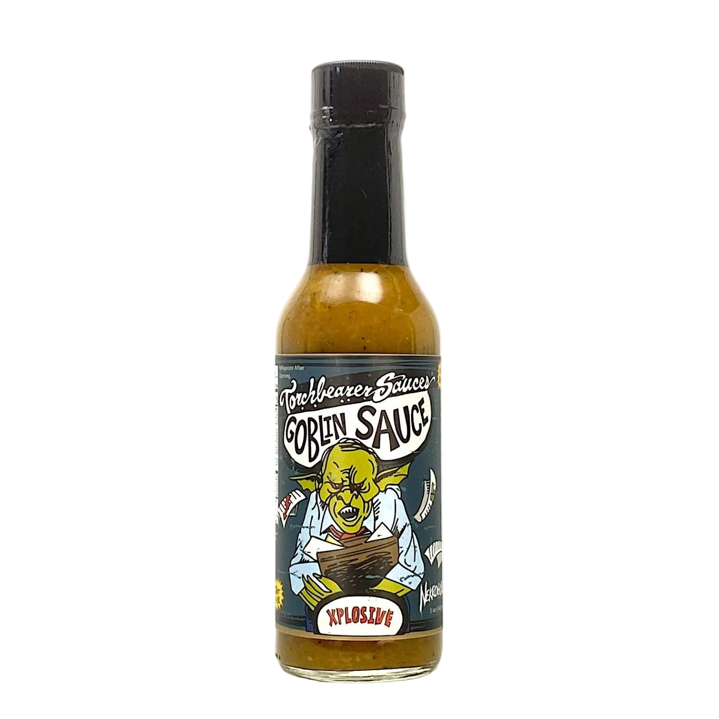 Bottle of Goblin Sauce with a cartoon goblin label on a white background