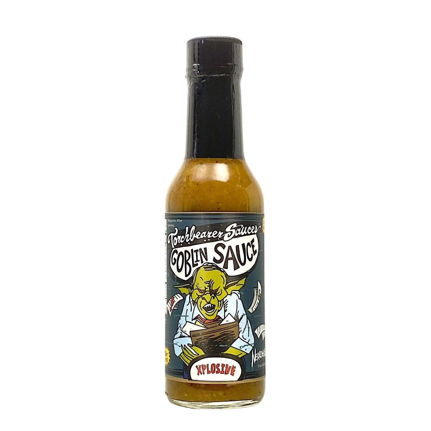 Bottle of Goblin Sauce with a cartoon goblin label on a white background