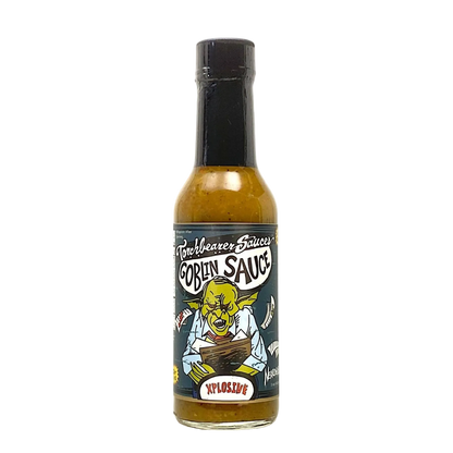 Bottle of Goblin Sauce with a cartoon goblin label on a white background