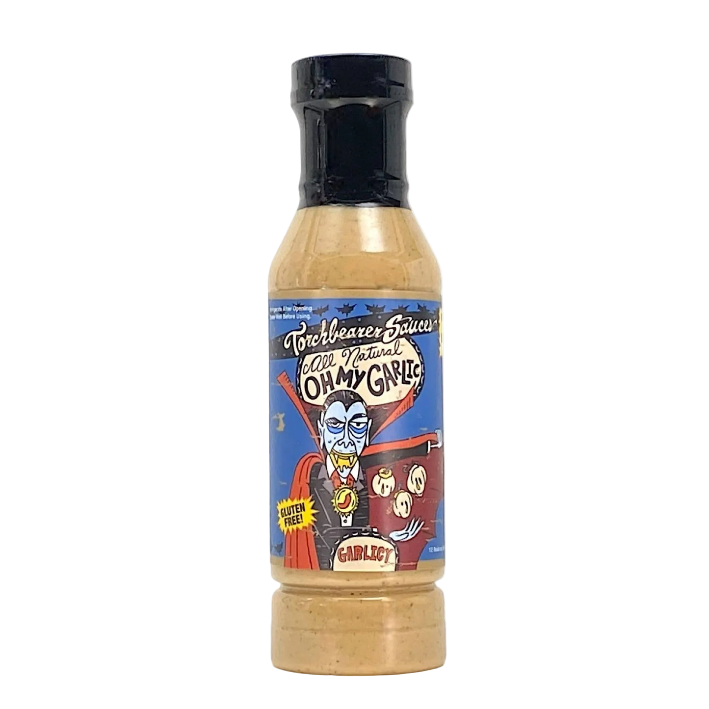 Bottle of 'Oh My Garlic!' garlic sauce with a colorful label on a white background