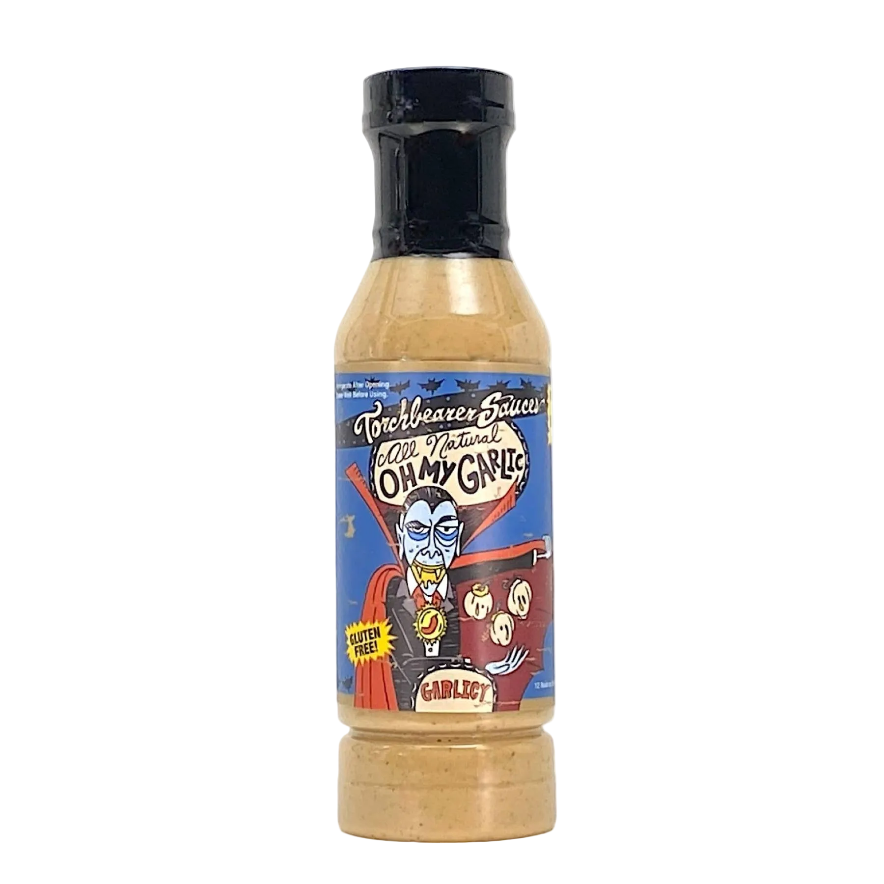 Bottle of 'Oh My Garlic!' garlic sauce with a colorful label on a white background