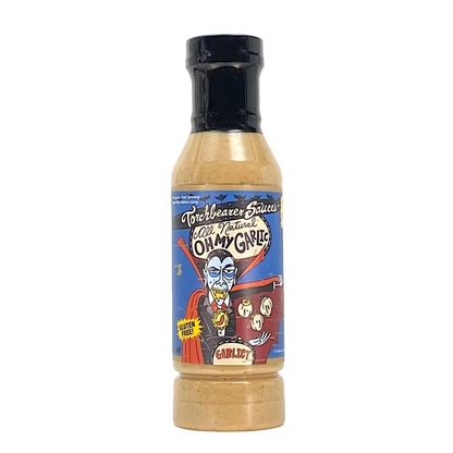 Bottle of 'Oh My Garlic!' garlic sauce with a colorful label on a white background