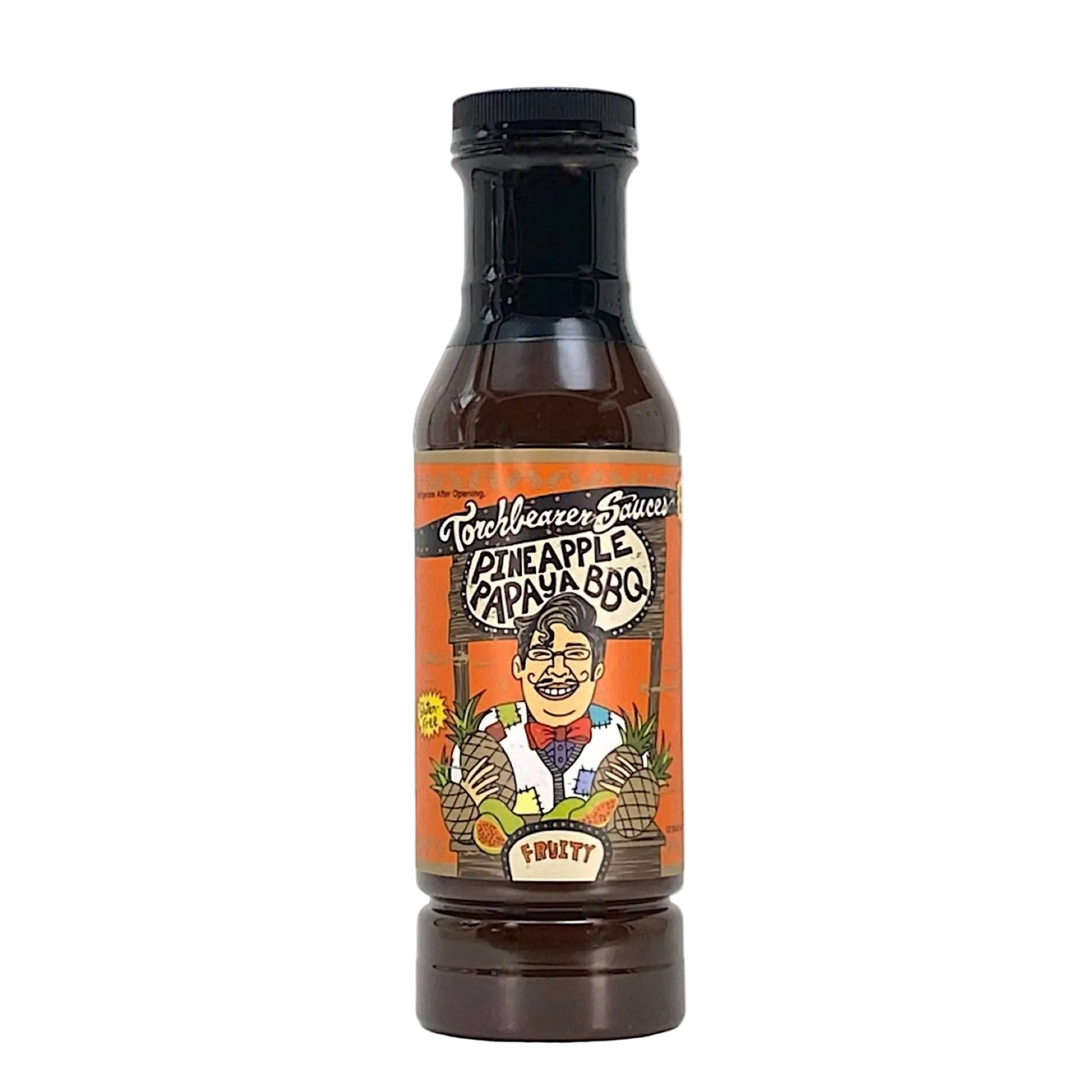 Bottle of TorchBearer Pineapple Papaya BBQ sauce on a white background