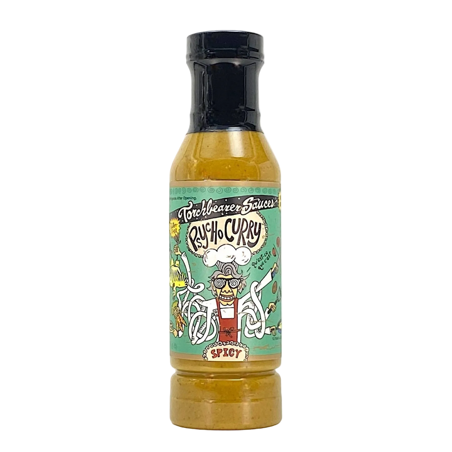 Bottle of 'Psycho Curry' sauce with a colorful label on a white background