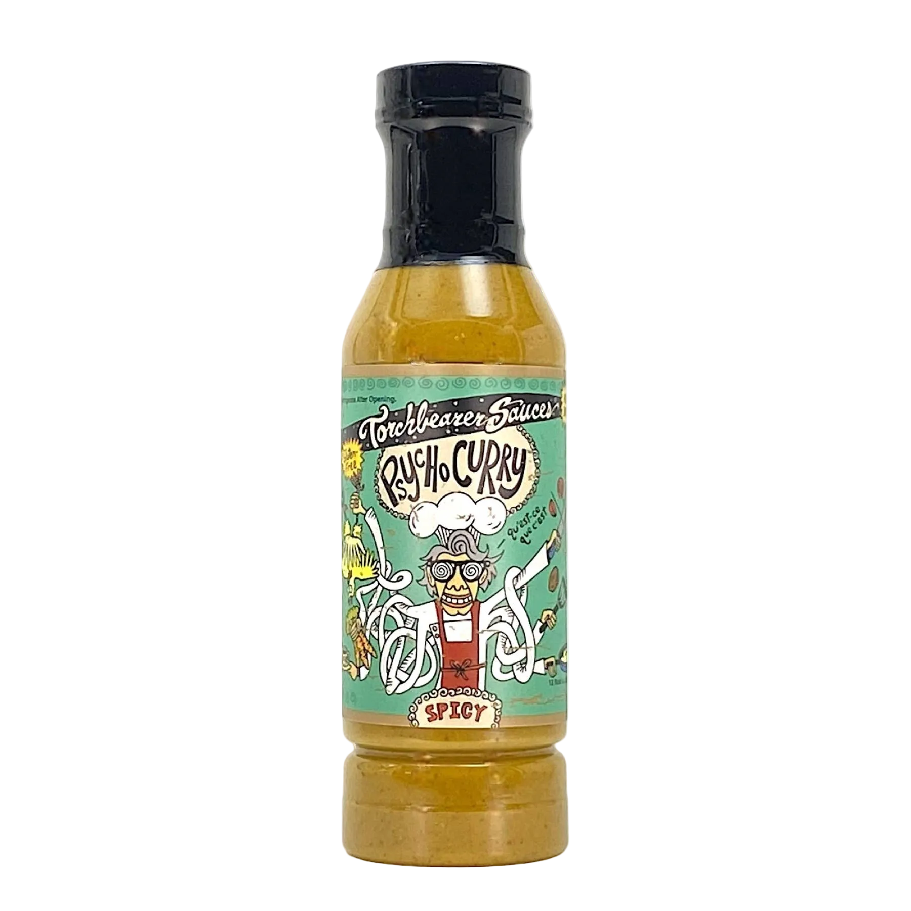 Bottle of 'Psycho Curry' sauce with a colorful label on a white background