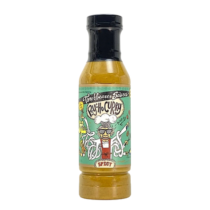 Bottle of 'Psycho Curry' sauce with a colorful label on a white background