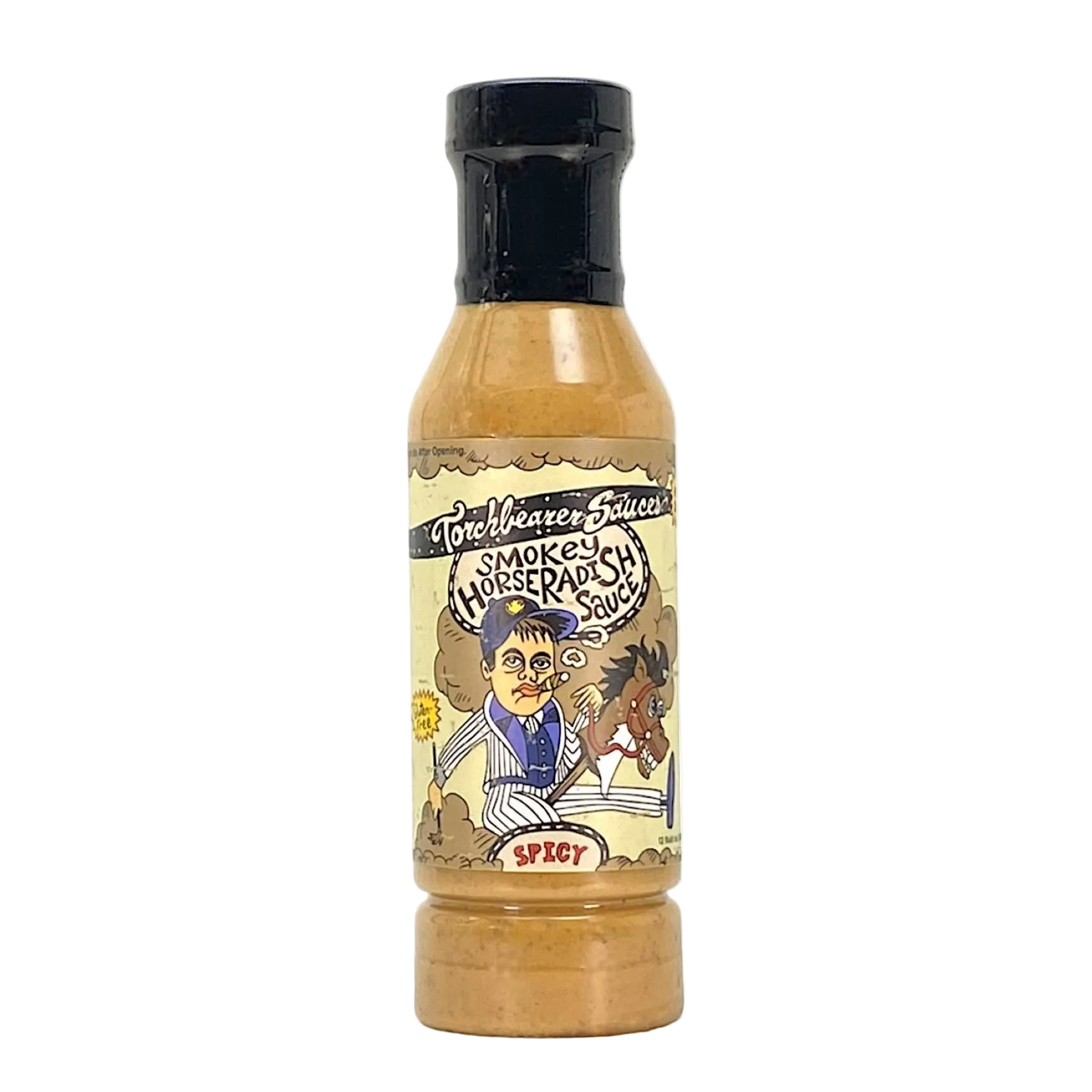 Bottle of TorchBearer Spicy sauce with a colorful label on a white background