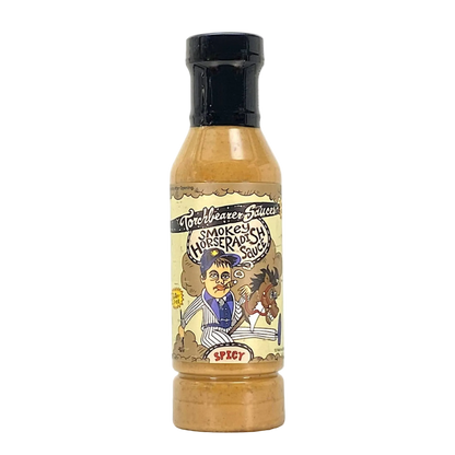 Bottle of TorchBearer Spicy sauce with a colorful label on a white background