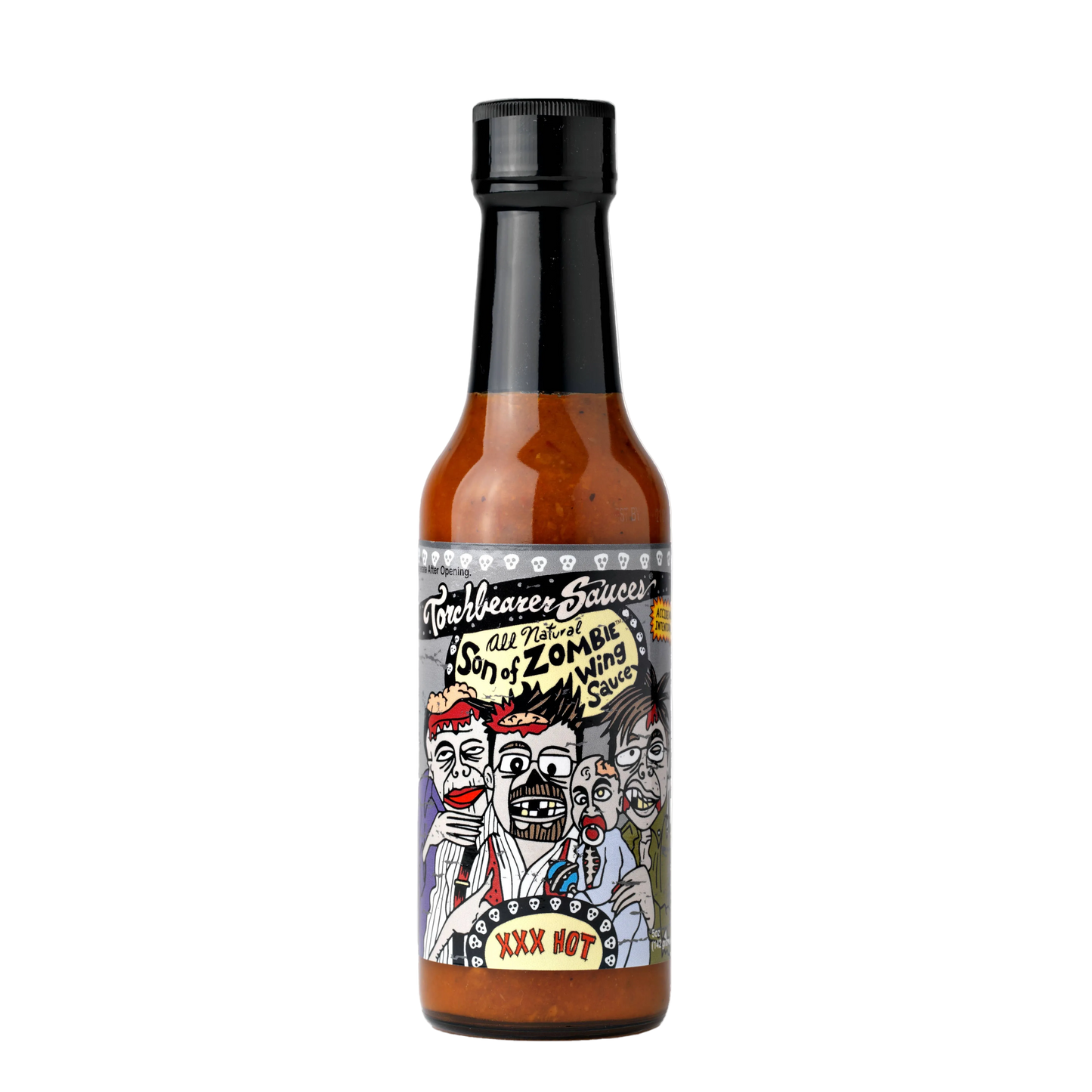 Hot sauce bottle with a colorful label on a white background