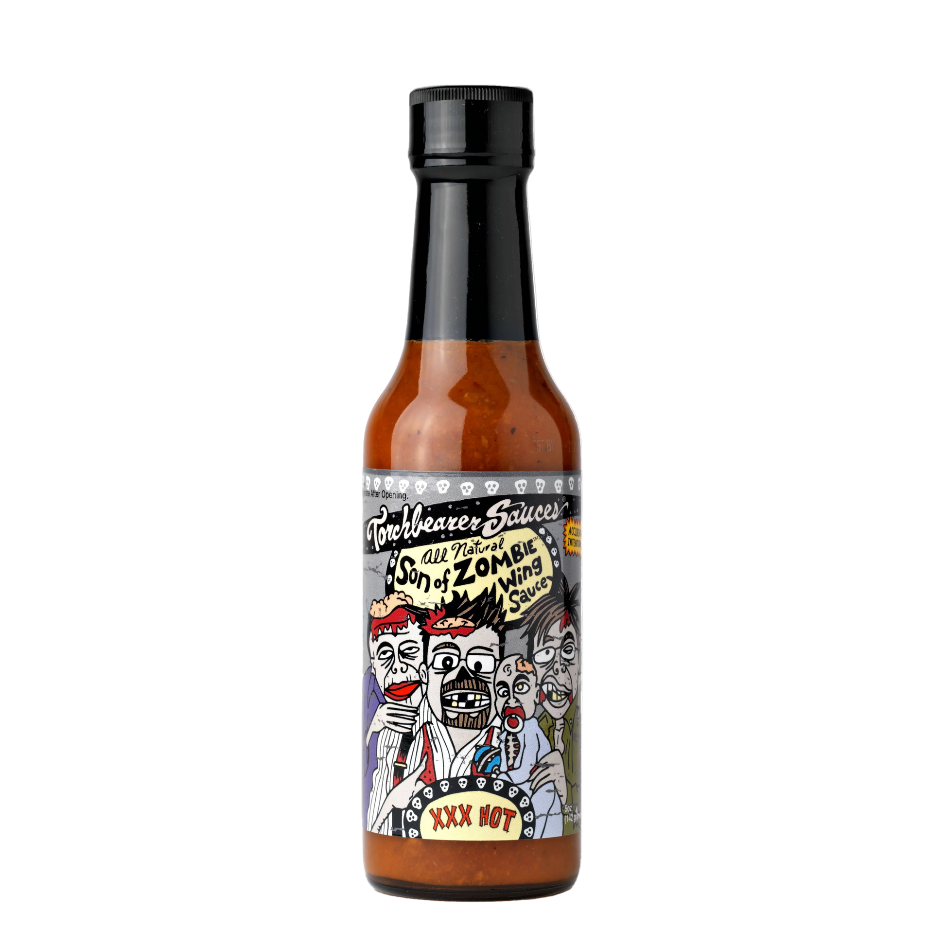 Hot sauce bottle with a colorful label on a white background