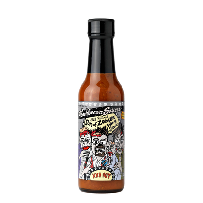 Hot sauce bottle with a colorful label on a white background