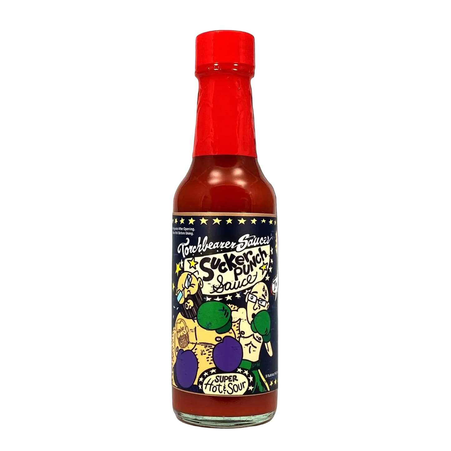 Bottle of Torchbearer Sucker Punch Sauce with colorful label on a white background