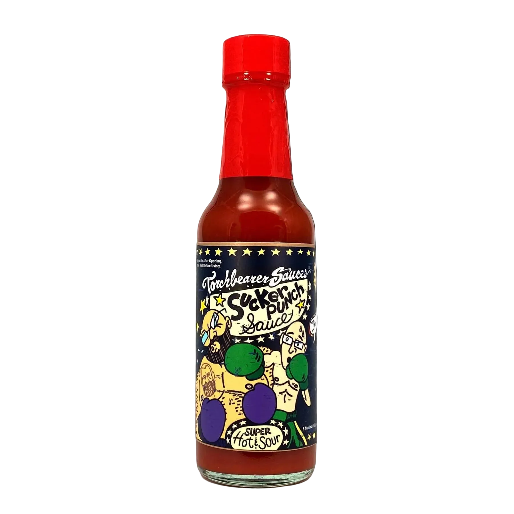 Bottle of Torchbearer Sucker Punch Sauce with colorful label on a white background