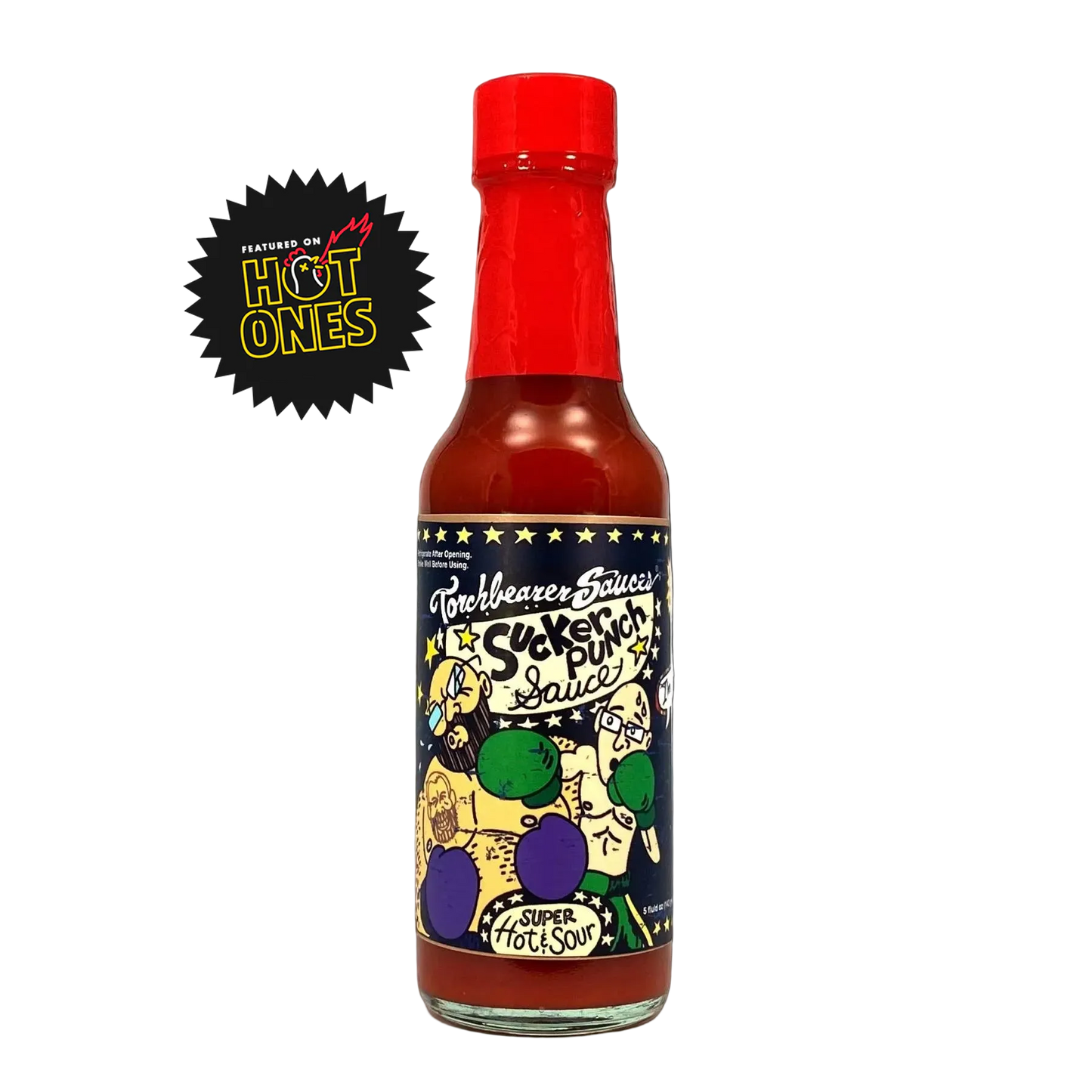 Bottle of Torchbearer Sucker Punch Sauce with a colorful label on a white background.