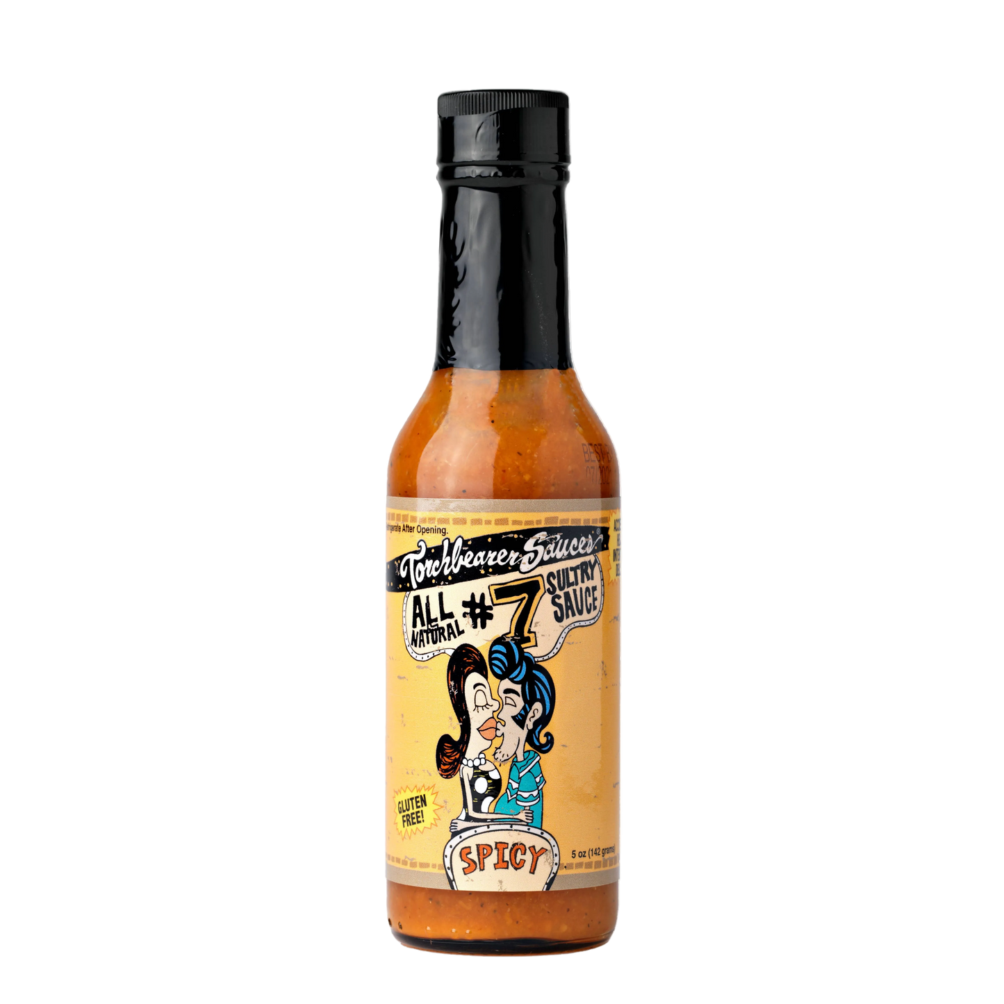 Hot sauce bottle with a colorful label on a white background