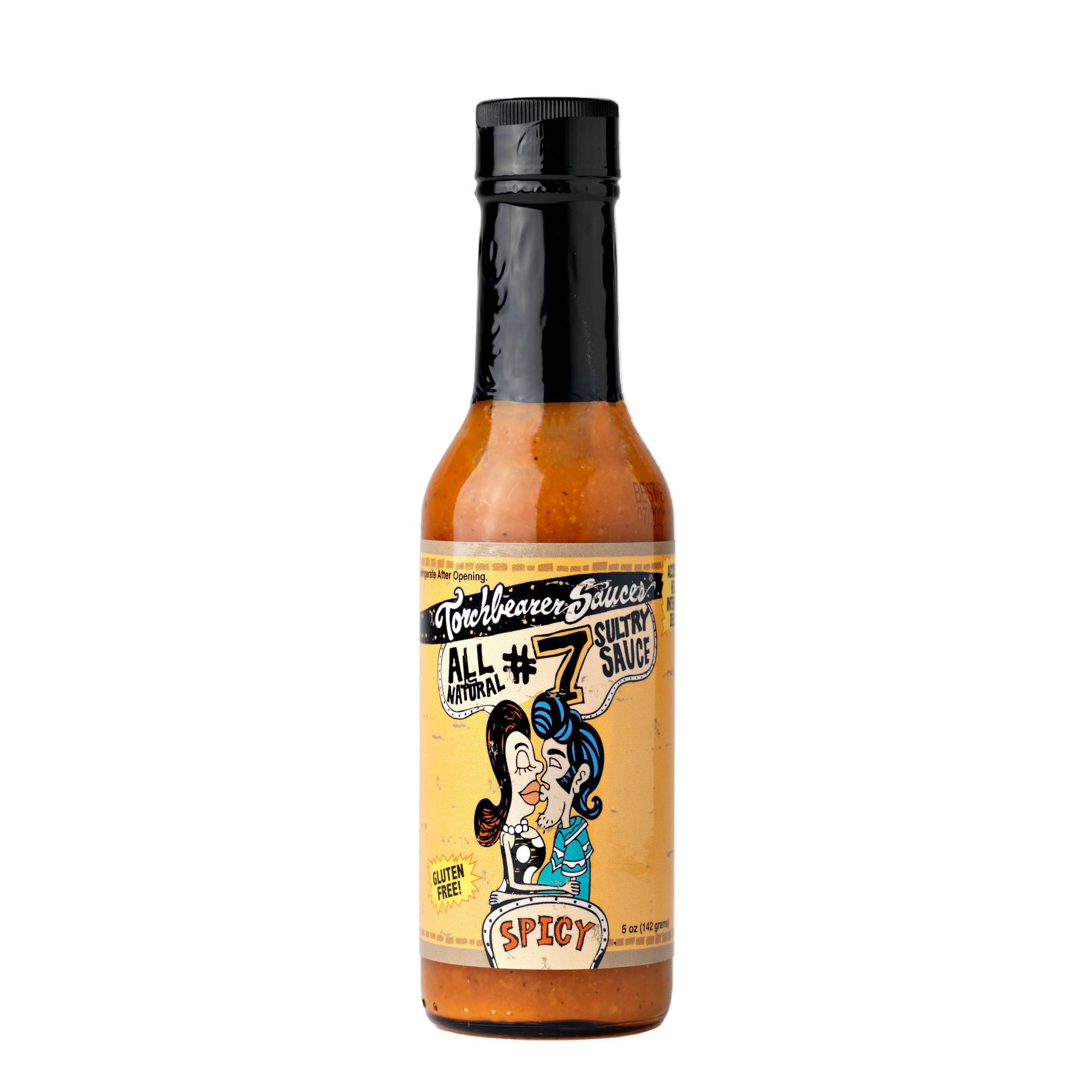 Hot sauce bottle with a colorful label on a white background