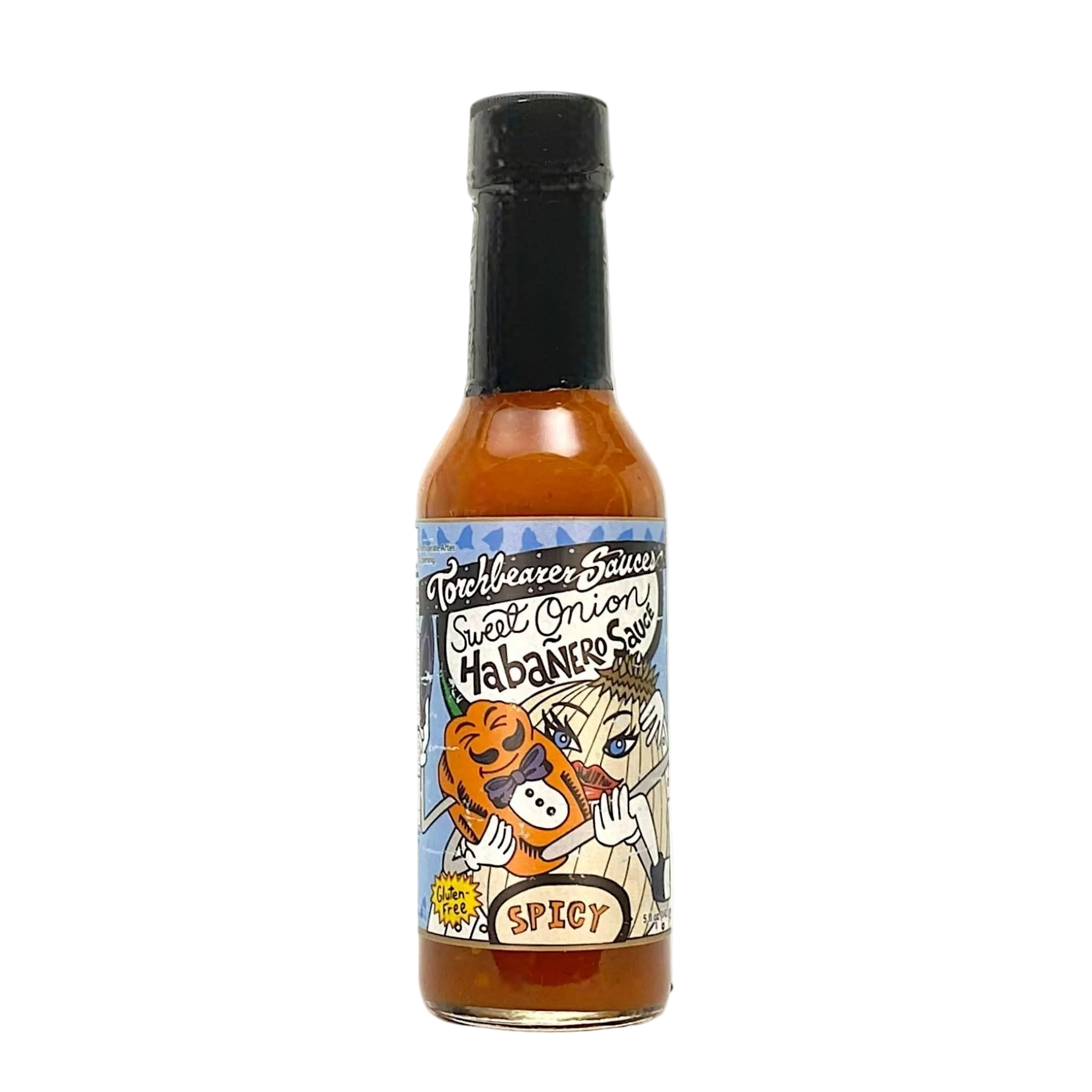 Bottle of Sweet Onion Habanero Sauce with a colorful label on a white background