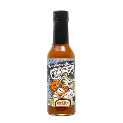 Bottle of Sweet Onion Habanero Sauce with a colorful label on a white background