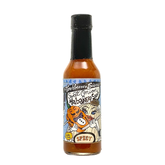 Bottle of Sweet Onion Habanero Sauce with a colorful label on a white background