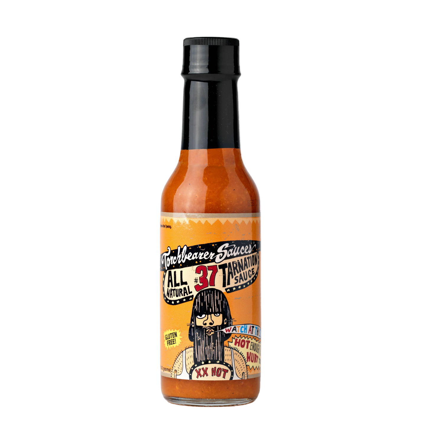 Hot sauce bottle with a colorful label on a white background